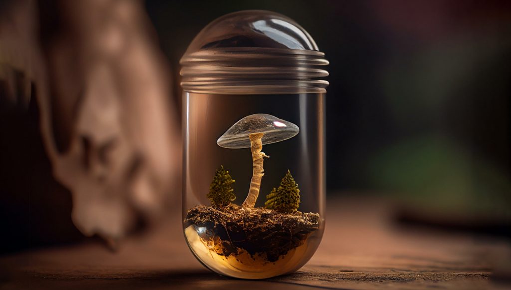 whole psilocybin mushroom inside a clear medicine capsule