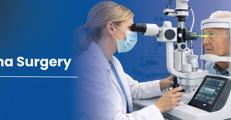 ophthalmologist performing glaucoma laser surgery to reduce eye pressure