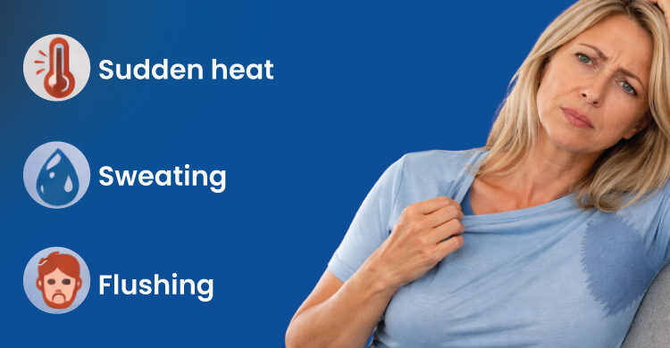 Hot flashes after menopause showing sudden heat, sweating, and flushing in postmenopausal women
