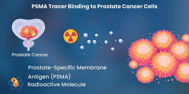 psma pet scan mechanism showing tracer binding to prostate cancer cells