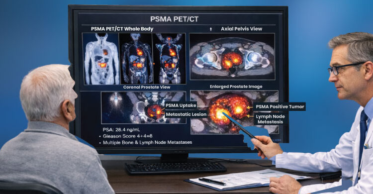 psma pet scan for prostate cancer showing doctor reviewing imaging results with patient