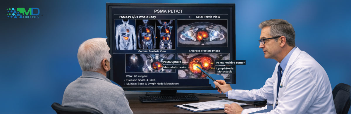 psma pet scan for prostate cancer showing doctor reviewing imaging results with patient