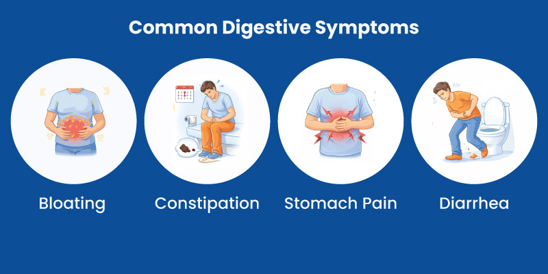 Infographic showing digestive side effects of antibiotics including bloating and constipation