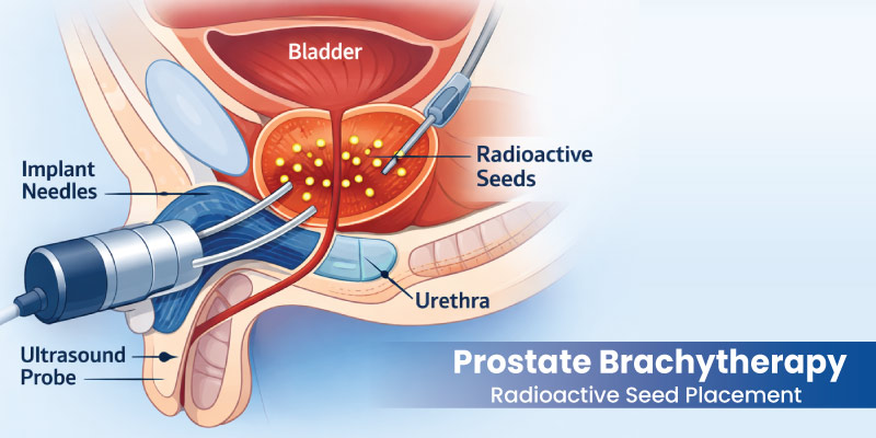 Diagram showing radioactive seed placement in prostate brachytherapy treatment