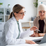 oncologist discussing breast cancer recurrence risk and follow up care with patient