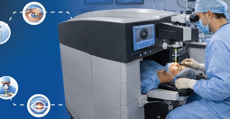 Ophthalmologist performing LASIK laser eye surgery procedure