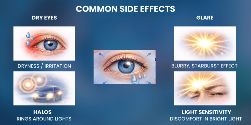 Illustration showing common LASIK eye surgery side effects such as dry eyes and glare