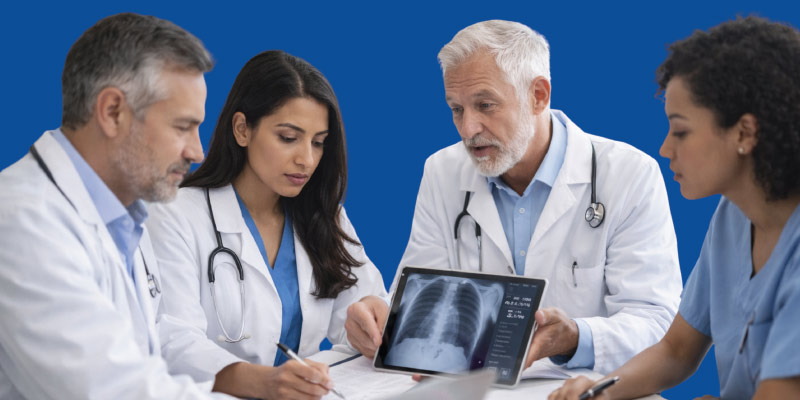 Lung cancer clinical trial researchers analyzing treatment results