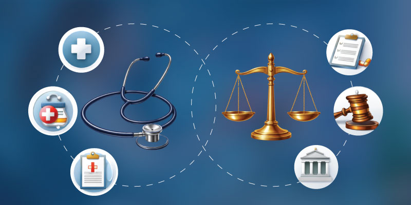 Stethoscope and legal scales representing medico legal aspects in healthcare