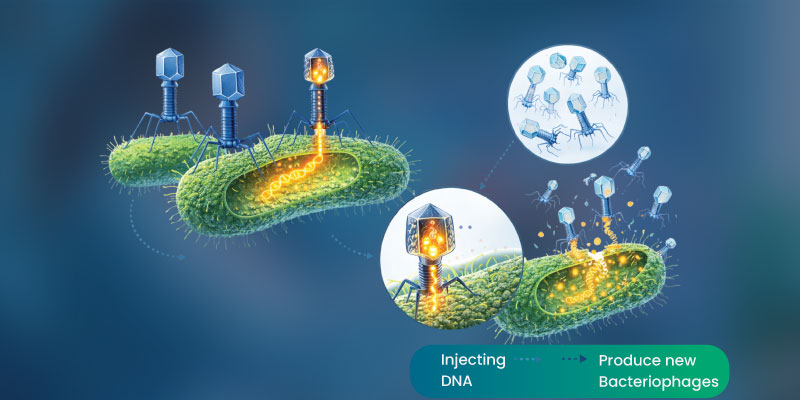 Microscopic illustration of bacteriophage viruses targeting bacteria