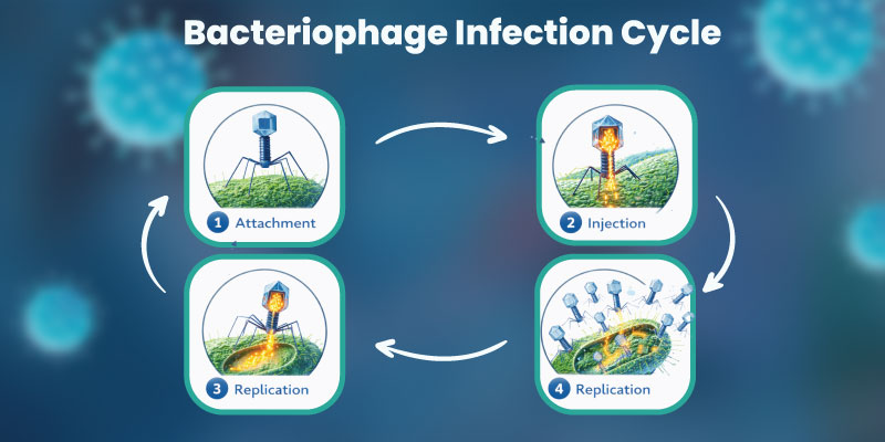 Diagram showing bacteriophage infection cycle during bacteriophage therapy