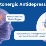 Diagram showing how serotonergic antidepressants increase serotonin levels in the brain