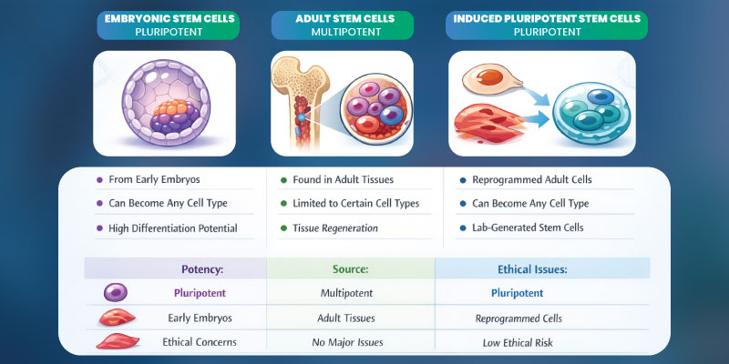 Comparison diagram of embryonic adult and induced pluripotent stem cells