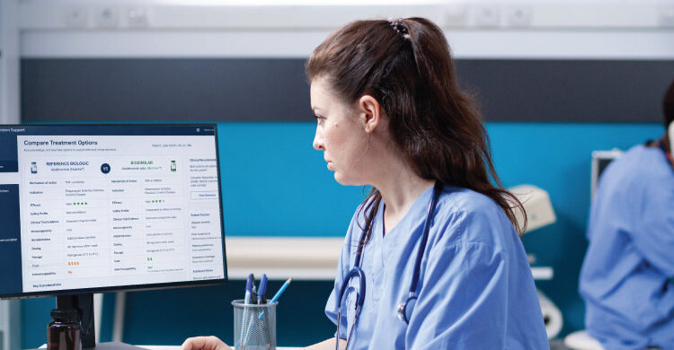 doctor comparing biosimilars and biologics treatment options on digital interface