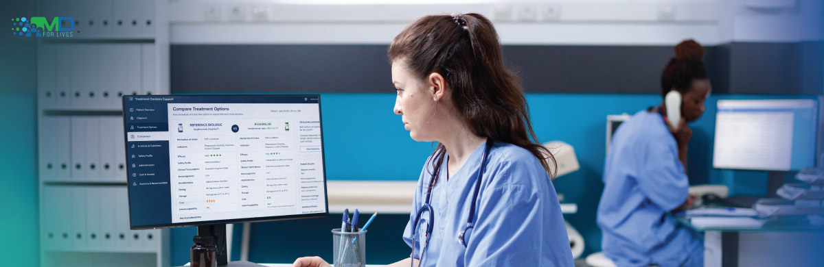 doctor comparing biosimilars and biologics treatment options on digital interface