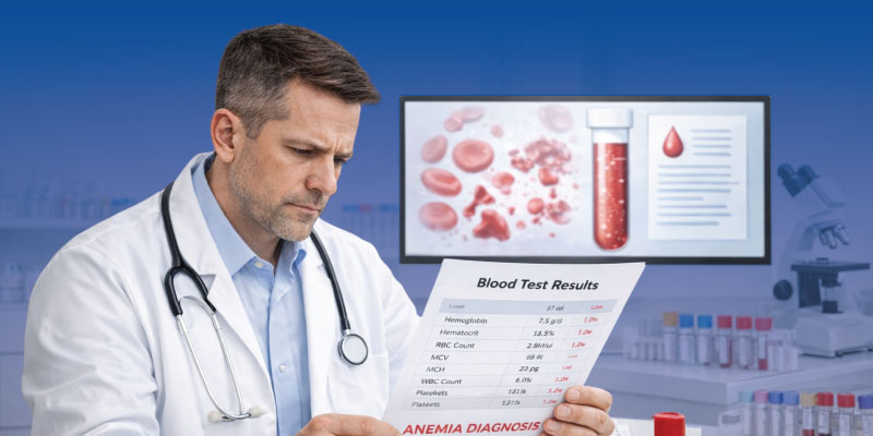 Doctor reviewing blood test results for hemolytic anemia diagnosis