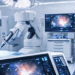 robotic surgery operating room with surgeon using console