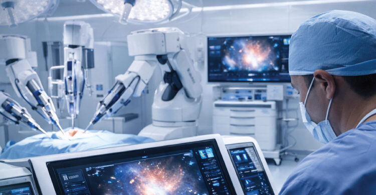 robotic surgery operating room with surgeon using console