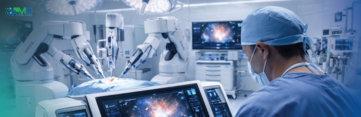 robotic surgery operating room with surgeon using console
