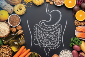 diet and gut health with diverse foods supporting gut microbiome