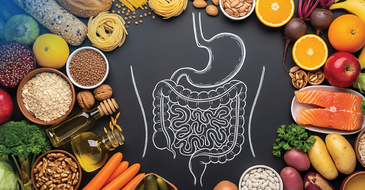 diet and gut health with diverse foods supporting gut microbiome