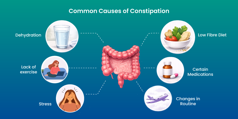 common causes of constipation including low fiber diet and dehydration