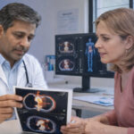 ovarian cancer research consultation showing doctor reviewing scan with patient