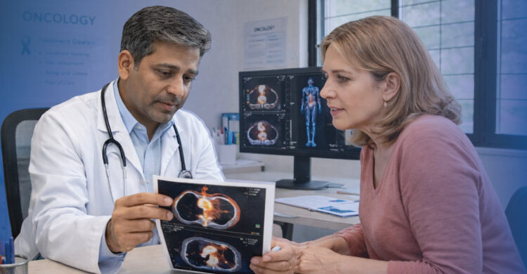 ovarian cancer research consultation showing doctor reviewing scan with patient