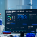 lab director reviewing AI-enabled LIS dashboard with sample triage diagnostic support and governance checks