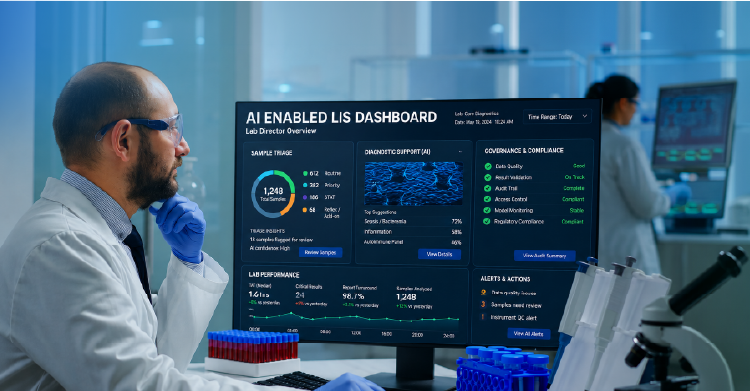 lab director reviewing AI-enabled LIS dashboard with sample triage diagnostic support and governance checks