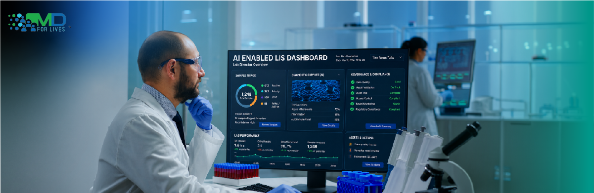 lab director reviewing AI-enabled LIS dashboard with sample triage diagnostic support and governance checks