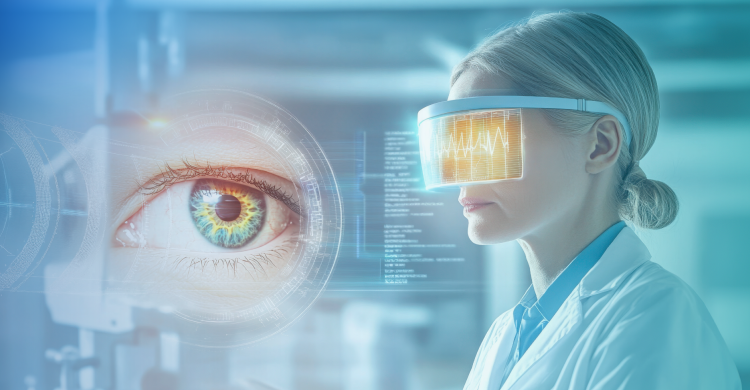 ophthalmologist reviewing AI-assisted retinal imaging with clinical verification and trust markers