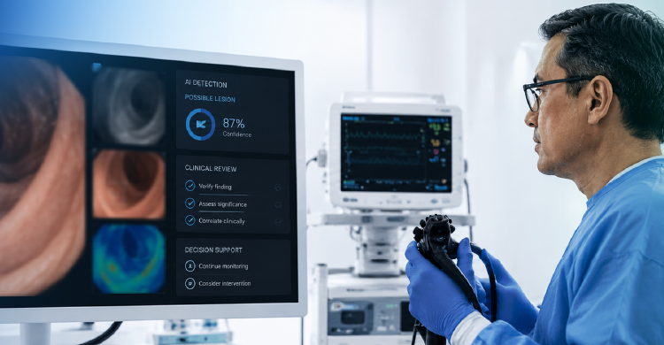 endoscopist reviewing AI-assisted lesion detection with clinical decision verification