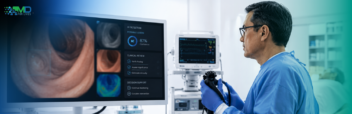 endoscopist reviewing AI-assisted lesion detection with clinical decision verification