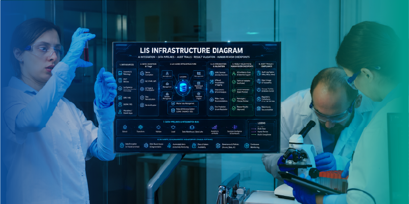 LIS infrastructure diagram showing AI integration data pipelines audit trails result validation and human review checkpoints