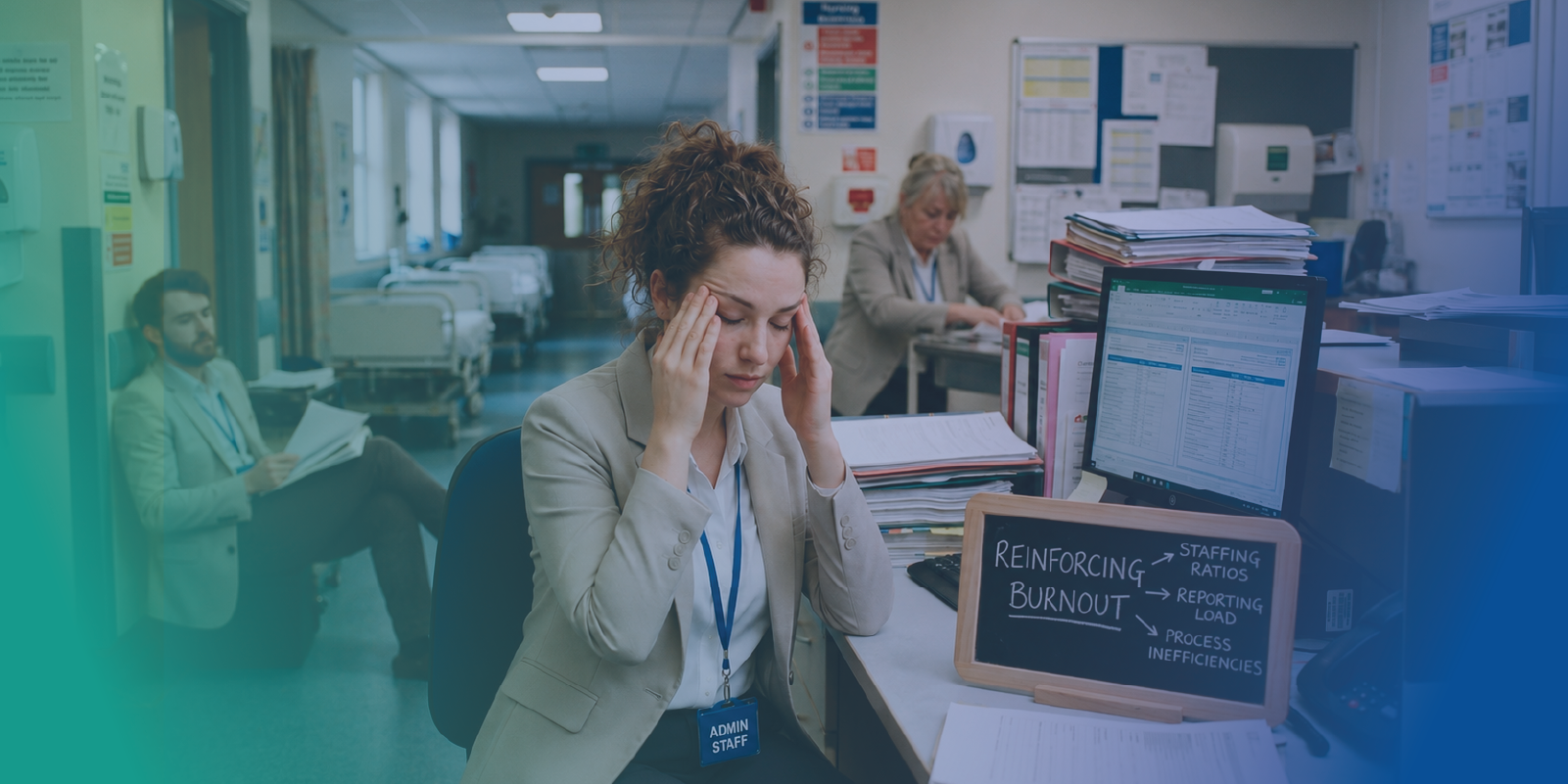 hospital workforce exhaustion triangle showing staffing ratios process inefficiencies and reporting load reinforcing burnout