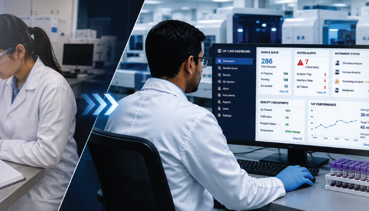 lab technician monitoring automated lab systems LIS dashboard sample queues and quality alerts
