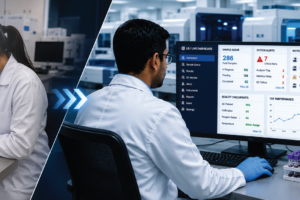 lab technician monitoring automated lab systems LIS dashboard sample queues and quality alerts