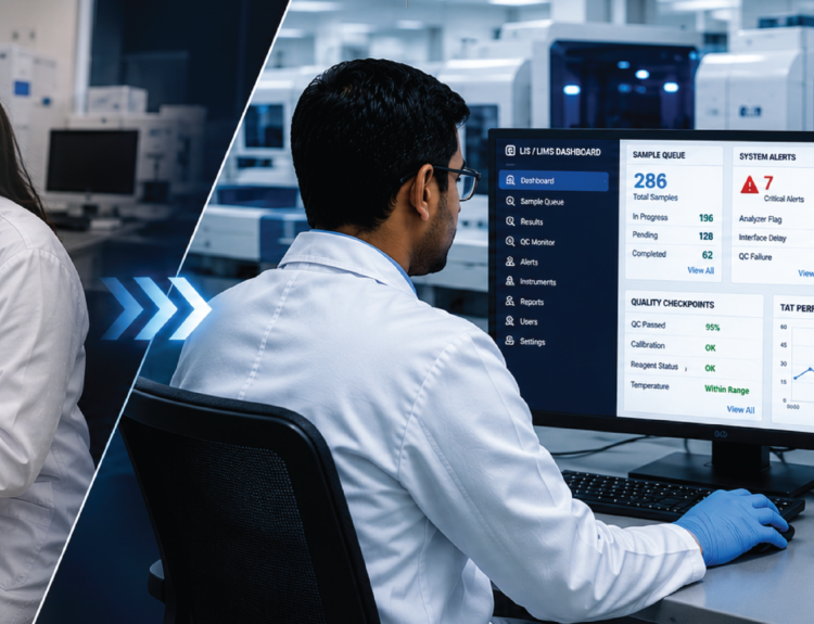 lab technician monitoring automated lab systems LIS dashboard sample queues and quality alerts