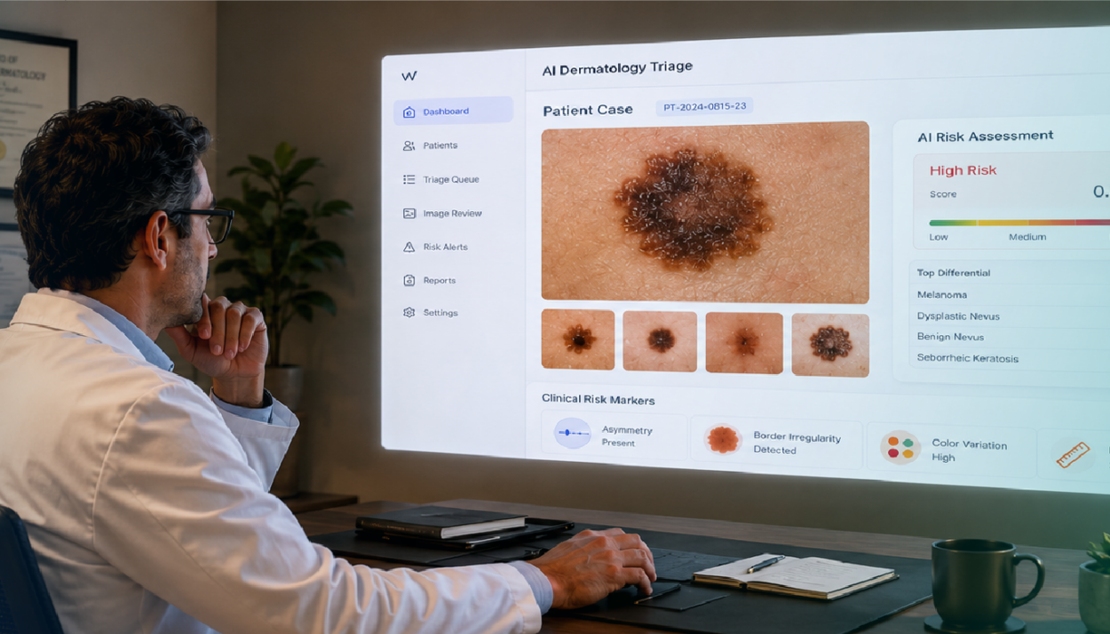 dermatologist reviewing AI-assisted dermatology triage dashboard with lesion images workflow support and clinical risk markers