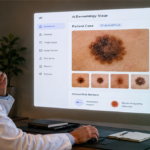 dermatologist reviewing AI-assisted dermatology triage dashboard with lesion images workflow support and clinical risk markers
