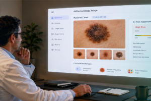 dermatologist reviewing AI-assisted dermatology triage dashboard with lesion images workflow support and clinical risk markers