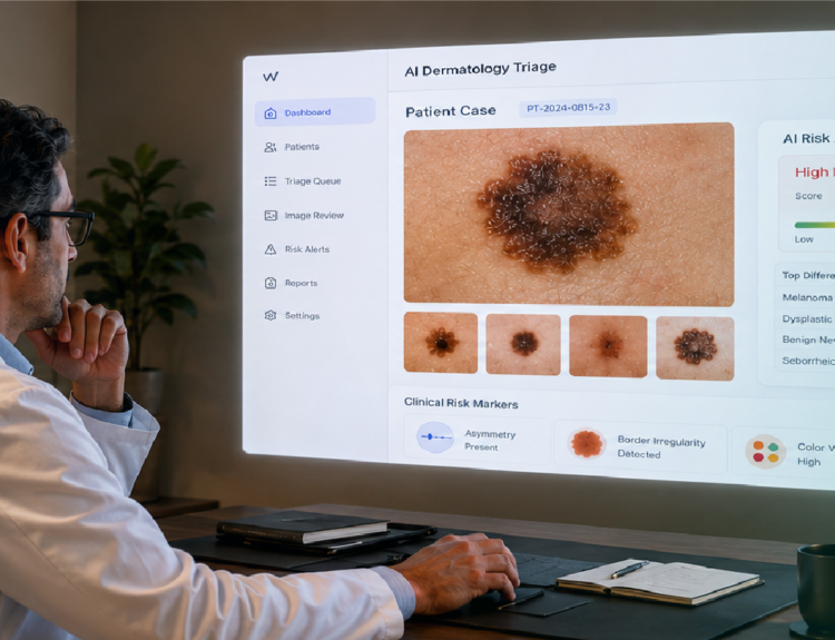dermatologist reviewing AI-assisted dermatology triage dashboard with lesion images workflow support and clinical risk markers