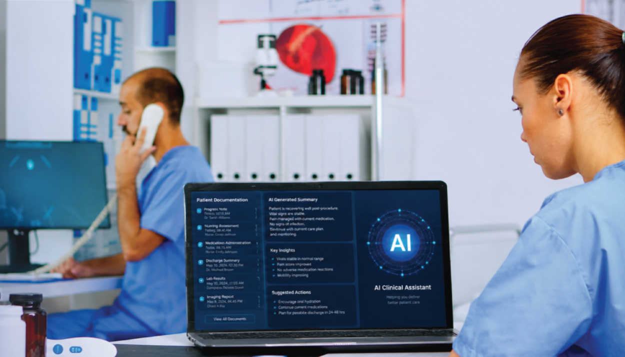 nurse reviewing AI-assisted documentation and workflow prompts while maintaining clinical judgment and oversight