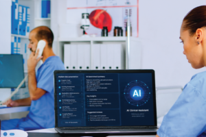 nurse reviewing AI-assisted documentation and workflow prompts while maintaining clinical judgment and oversight