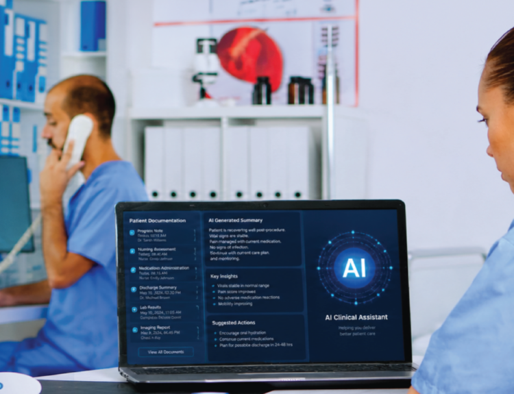 nurse reviewing AI-assisted documentation and workflow prompts while maintaining clinical judgment and oversight