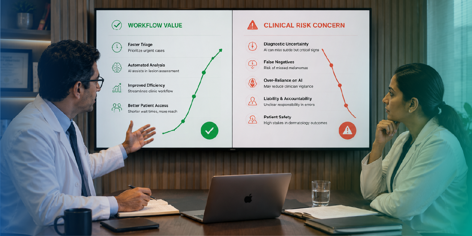 AI in dermatology infographic showing workflow value versus clinical risk concern