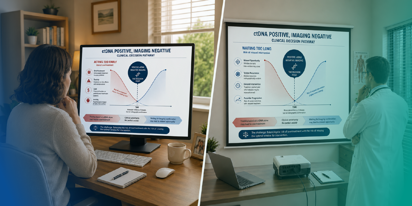 ctDNA positive imaging negative decision pathway showing overtreatment risk versus missed intervention window 
