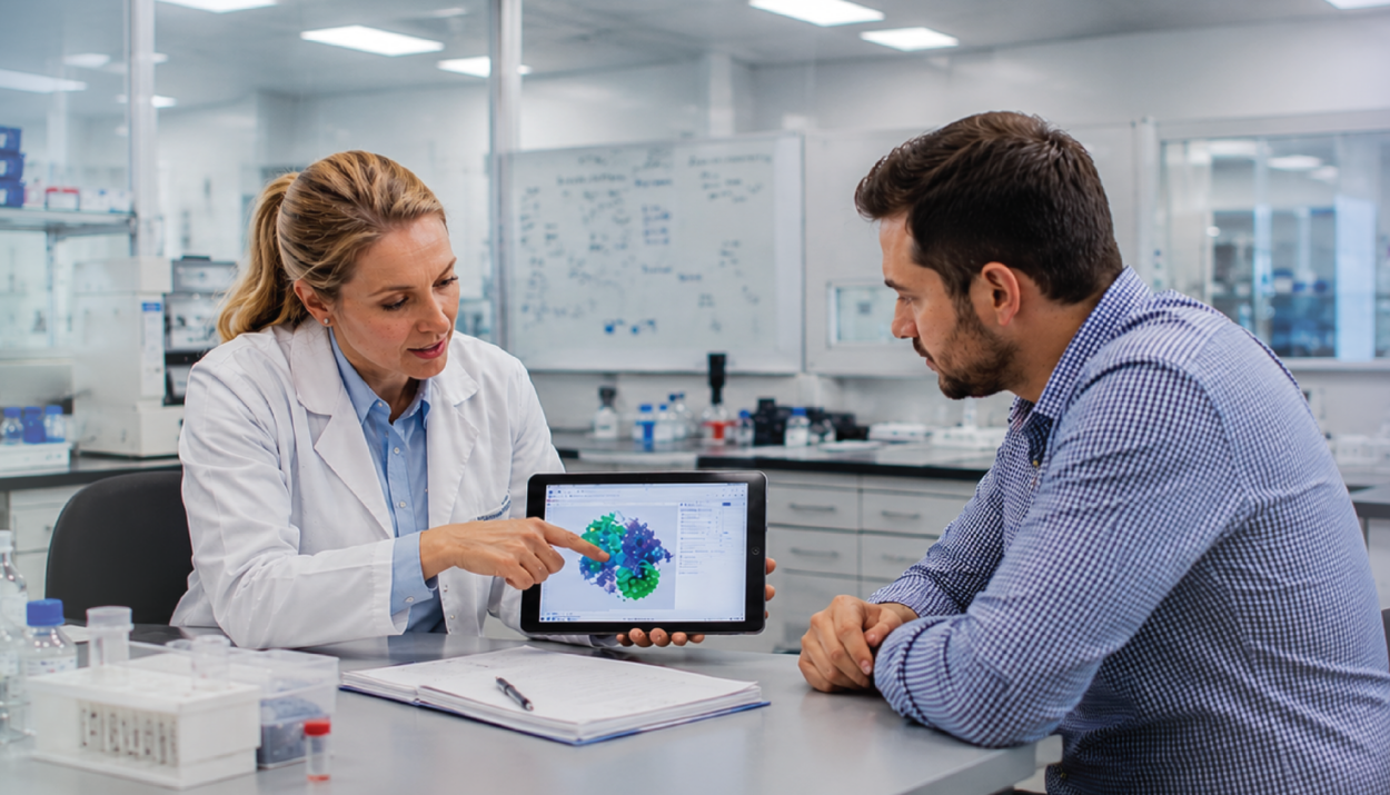 pharmacist explaining biosimilar therapy switch with patient trust interchangeability and monitoring pathway