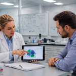 pharmacist explaining biosimilar therapy switch with patient trust interchangeability and monitoring pathway